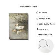 复古 Cottagecore 鸭子艺术印刷品 - 中性米色春季帆布画，乡村农舍墙壁装饰，带有鸭子池塘场景，适用于卧室和客厅（1 件无框）