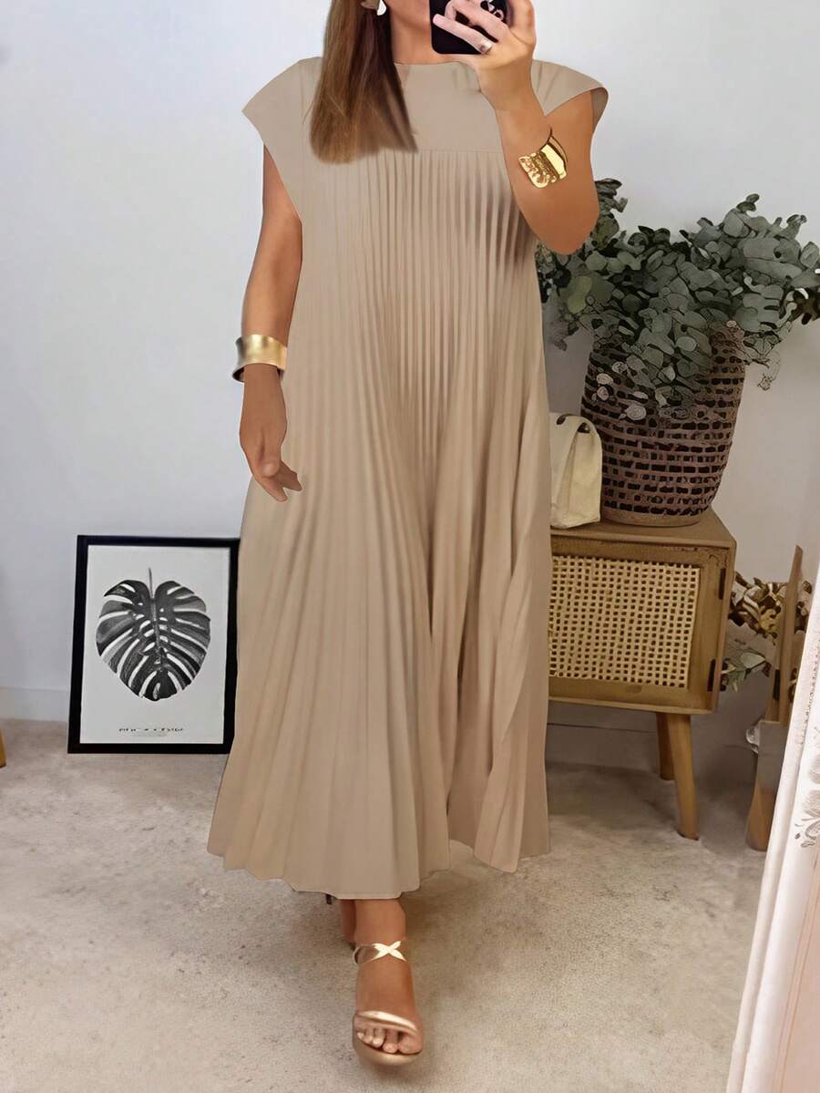夏季大码休闲纯色百褶连衣裙