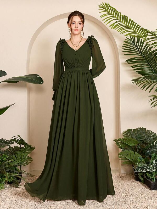 Mgigacy V-Neck Pleated Ruffle Lantern Sleeve Chiffon Maxi Dress