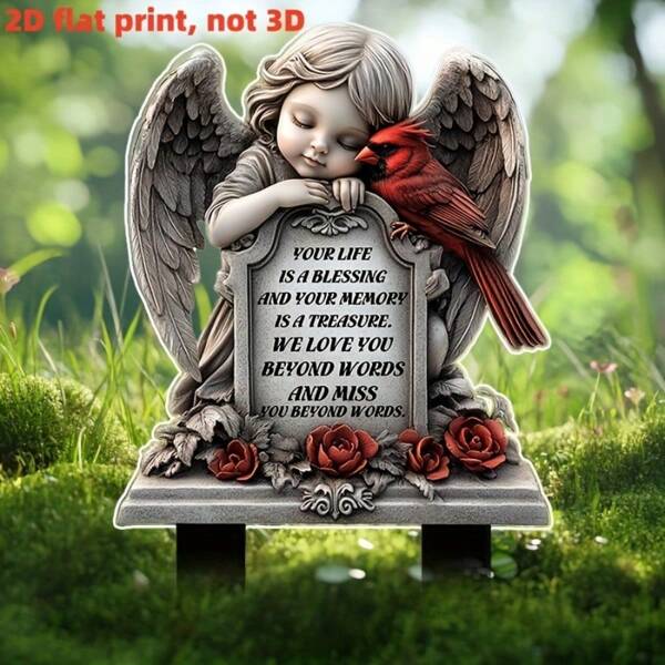1 pieza Memorial 2D plano, Estaca de jardín conmemorativa con diseño de ángel y cardenal - Cita inspiradora grabada, Material de vinilo resistente a arañazos e impermeable, Decoración clásica de cementerio, Conmemoración de Pascua, Instalación en el suelo sin pilas, Tema de ángel, Vinilo duradero