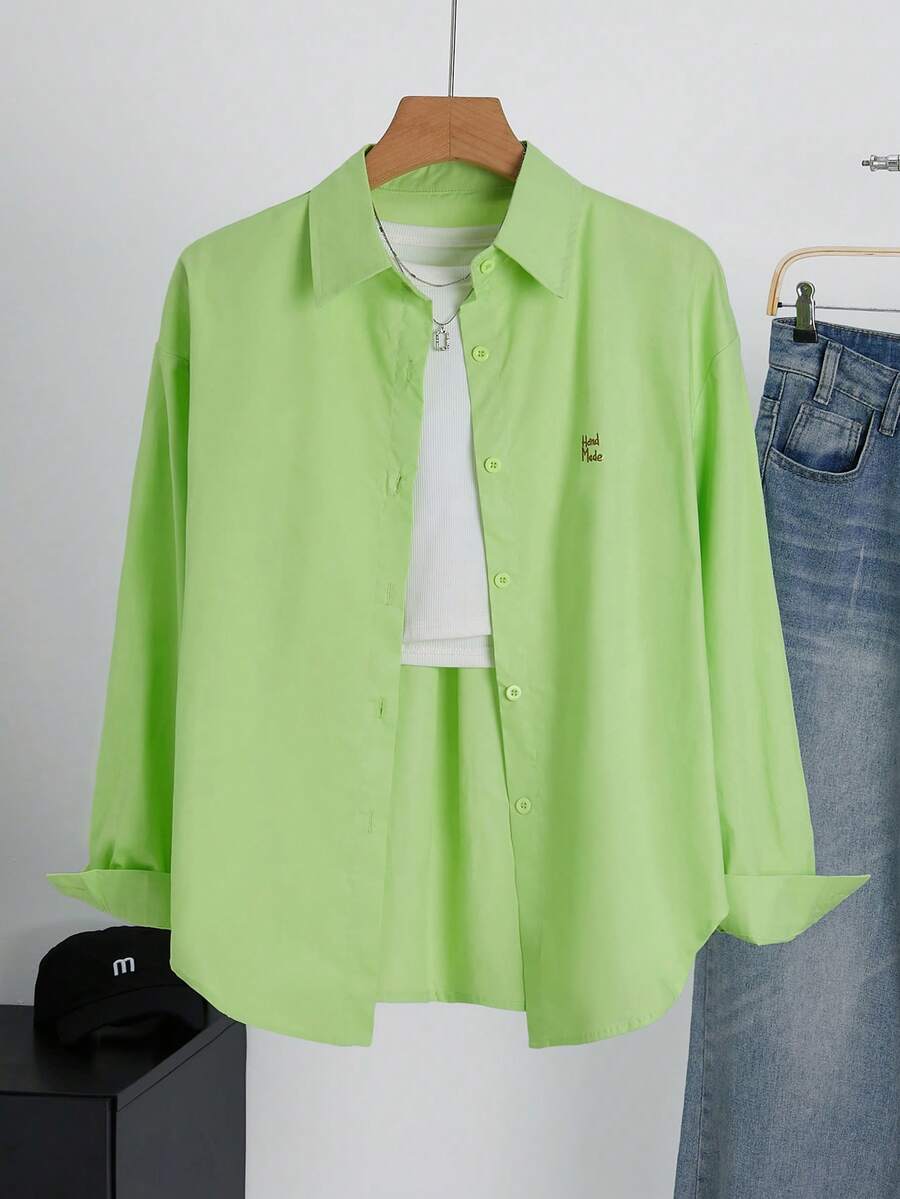 Women's Casual Versatile Simple Letter Embroidered Shirt - Fluorescent Green - View 1