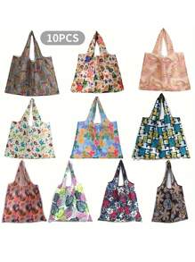 10pcs Reusable Foldable Polyester Shopping Bags With Fashionable Patterns, Suitable For High-Quality Shopping, Reusable Shopping Bags