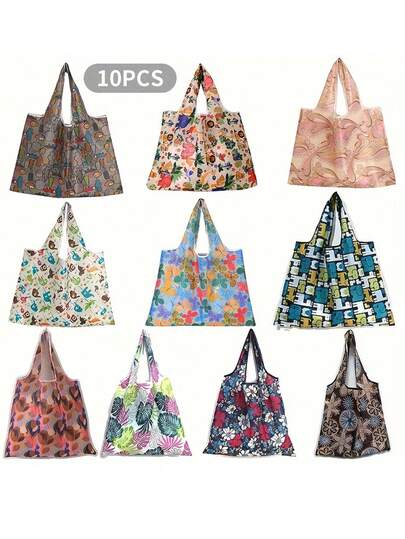 10 stuks herbruikbare polyester boodschappentassen, veelkleurige opvouwbare herbruikbare boodschappentassen, hoogwaardige herbruikbare boodschappentassen met modieuze patronen