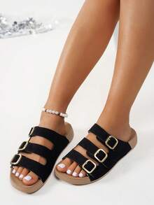 New Spring/Summer Metal Buckle Slides, Comfortable Versatile Non-Slip Sandals With Rivets Thick Soles For Women - Black - View 2