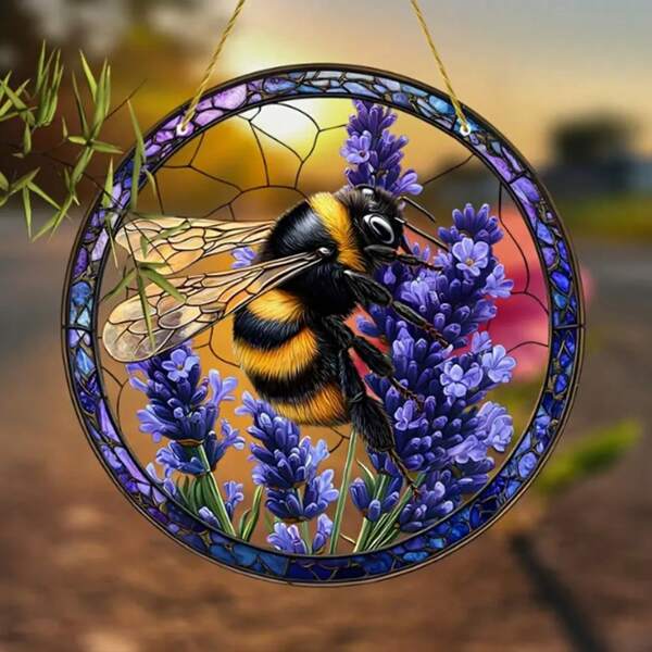 1 Piece, 2D Flat, Bee And Lavender Acrylic Light Catcher, Colored Glass Hanging Pendant, Suitable For Window, Office, Garden, Bedroom Decoration, Handicraft Hanging Decoration As A Gift For Family And Friends' New Homes