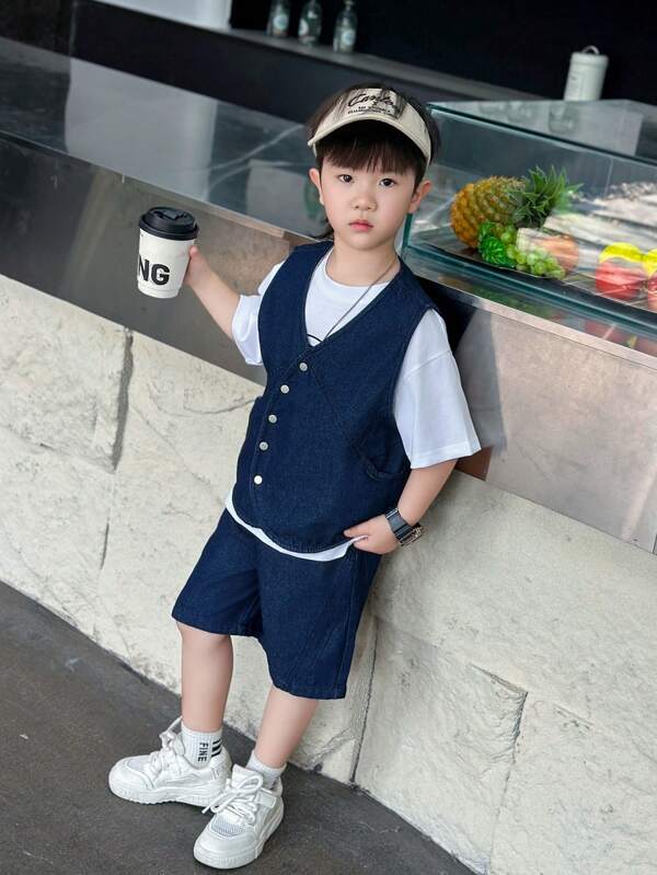 2pcs Set: Front Button Denim Vest And Shorts Outfit For Young Boys, Summer