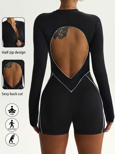 Women's Fashion Black Long Sleeve Backless Zipper Yoga Fitted Jumpsuit