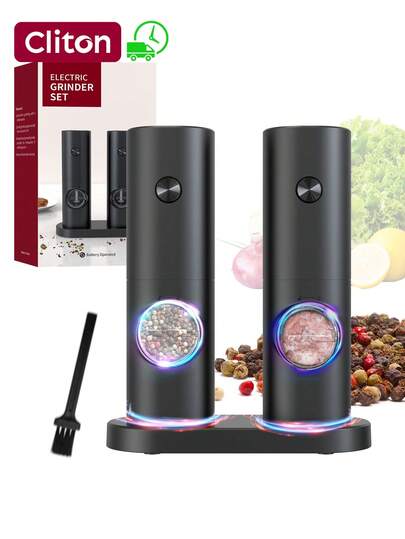 CLITON Electric Pepper And Salt Grinder Set, Battery Powered Adjustable 5 Levels Of Coarseness Black Pepper Grinder Mill With Stand, Automatic Grinding With LED Light For BBQ Resturant Kitchen-2 Pack