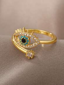 Vintage Evil Eyes Stainless Steel Rings, Cubic Zirconia Gold Color Anti Fading Open Ring For Women, Aesthetic Wedding Party Jewelry Vacation Accessories, Gifts For Mom/Best Friends