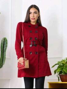 WOMEN'S COAT OVERCOAT  WINTER FASHION 2025 Simple Elegant Party Pocket Double Button - 酒紅色 - 查看 2