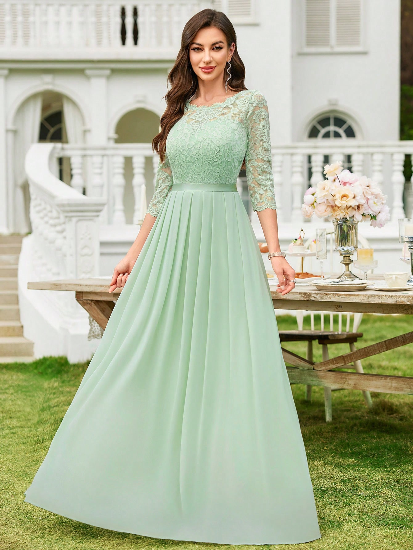 MIUSOL فستان ماكسي مع كشكشة من الشيفون والدانتيل ا...