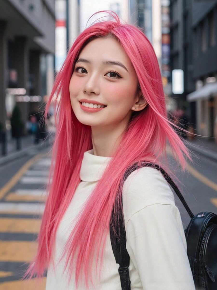 real me. Ash Pink Color Long Straight Human Hair Wig 100% Remy Human Hair Easy To Style Suitable For All Hair Types And Daily Wear Handcraft Area 13*4 Inch 150% Density 12-22 Inch - SPink - View 1