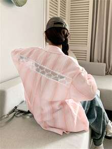 Women's New Korean Slouchy Long Sleeve Playful Casual Color Patchwork Shirt, Lace Girl's College Style Striped Coat With Pocket Sunscreen Cardigan, Daily Wear, Go Out, Home, Dating, Travel Vacation - Pink - View 5