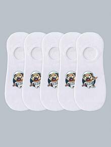 3/5 Pairs Of Women's White Invisible Socks, Pug Puppy Pattern, Black Socks, Fashion Socks, Boat Socks, Novelty Socks, Cute Socks, Funny Socks, Casual Socks, Perfect For Summer, Holiday Gifting Socks, Non-Removing Sock Heels - Multicolor - View 11