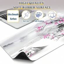 Cherry Blossom Watercolor Gaming Temple Mouse Pad - XL Extended Desk Mat With Non-Slip Rubber Base, Polyester, Rectangular, Ideal For Office And Home Use