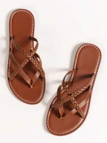 Women's 2025 Summer New Fashion Woven Criss-Cross Strap Round Toe Flat Comfortable Anti-Slip Brown Sandals, Suitable For Daily Casual And Beach Vacation
