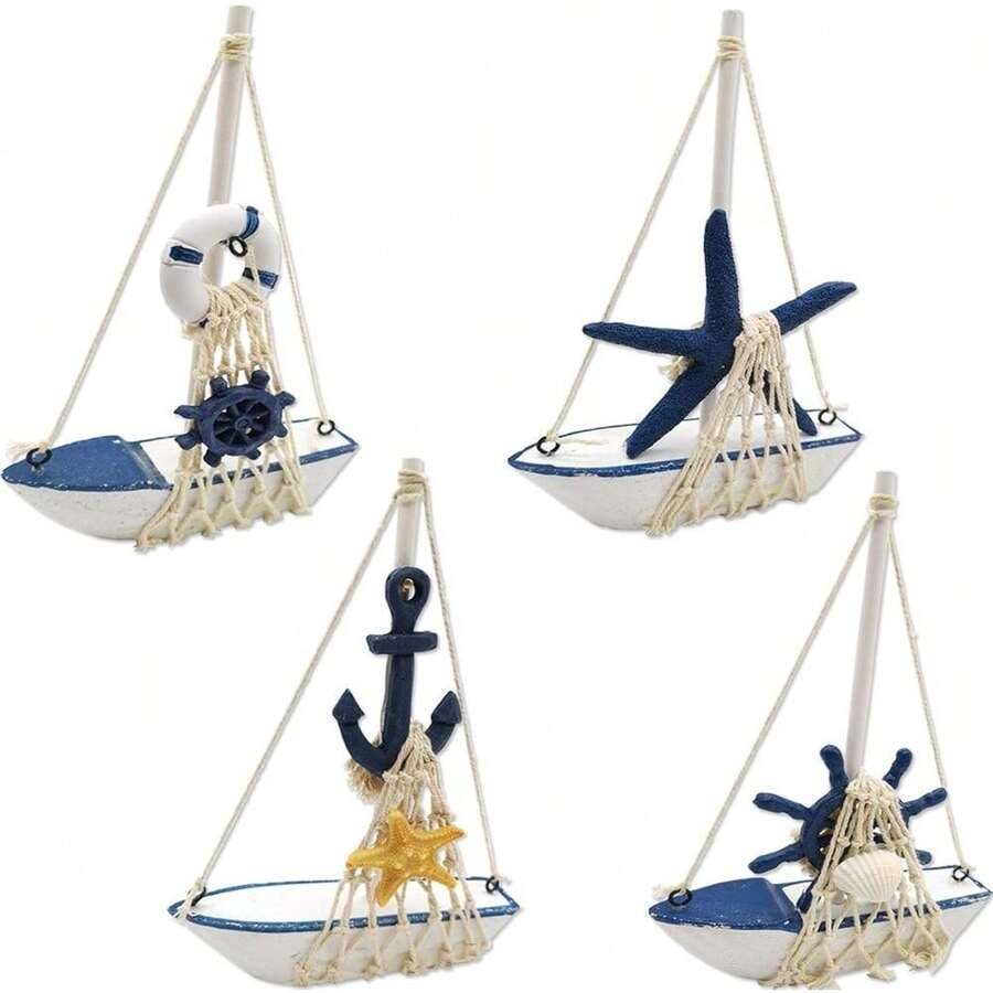 4PCS Mini Sailboat Model Decoration Wooden Miniature Sailing Boat Home Decor Set, Beach Nautical Design, Navy Blue And White, 4.4 X 6.8 Inch - 1 - 查看 1