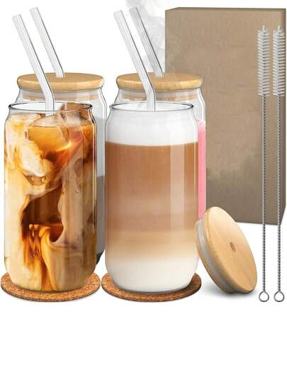 1 Peça Pote de Conserva com Tampa e Canudo, Copos de Vidro com Tampa e Canudo - Copos Reutilizáveis de Boca Larga para Bebidas, Copos de Café Gelado com Tampas, Suprimentos Escolares