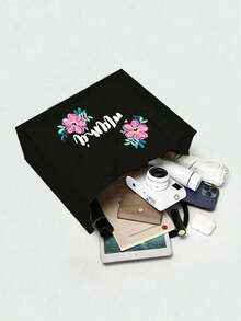 "Mama" Letter Linen Tote Bag And Plus A Small Bag,Letter Pattern,Portable Beauty Bag,Mothers,Leisure Storage Bag,The Best Gift, Birthday Gift, Portable Casual Storage Handbag, Multifunctional Shopping Bag, Brand New Design, Large Capacity, Ideal Shopping Choice,Is A Good Gift For Women,Suitable For Daily Use,Birthdays, Holidays, Vacation, Beach, Travel,Picnics, Camping, Supermarket, Daily Storage. - Black - View 3