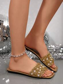 New Luxury Plus Size Square Toe Pearl Embellished Slip-On Sandals, Anti-Slip, Fashion Versatile, Suitable For Beach & Resort, Women,Summer Shoes - Apricot - View 2