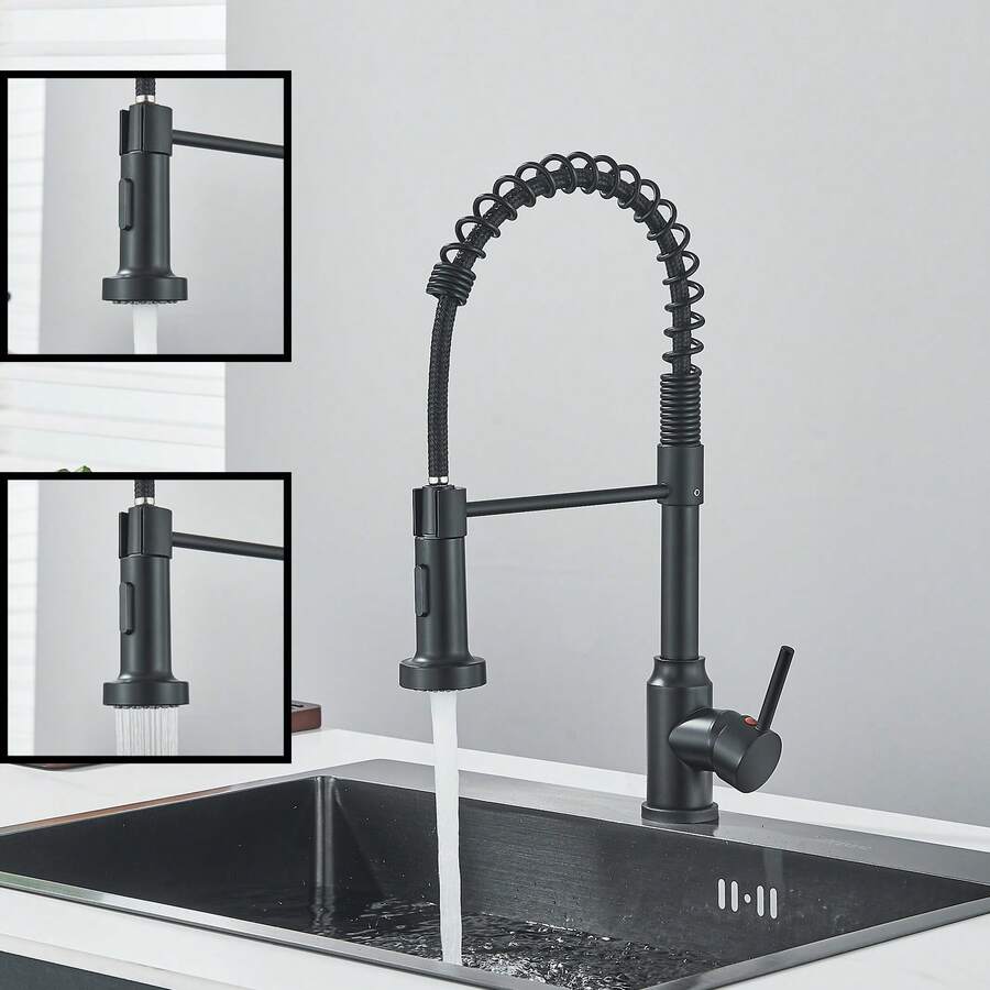 Modern Kitchen Sink Faucet With Pull Down Sprayer Single Handle Single Hole 360° Swivel Mixer Tap - màu đen - Xem 1