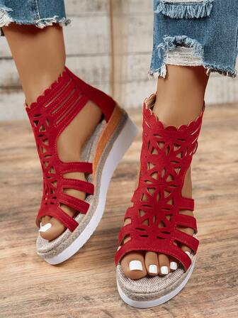Casual Vacation Style Women's Straw Woven Platform Roman Sandals With Red Back Zipper, Geometric Print Open Toe