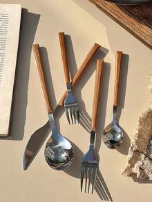 5件/10件银器套装（含蛋糕叉）不锈钢餐具套装，木质效果手柄餐具套装，含刀、叉、勺，镜面抛光，可放入洗碗机清洗，学校用品