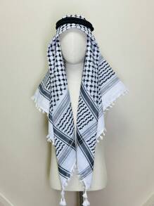 Designer Style Black & White Geometric Pattern Casual Head Scarf/Neck Scarf, Linear Flower Fringe Edging, Suitable For All Seasons