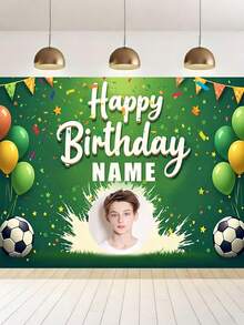 1pc Personalized Soccer Prince Birthday Banner, Customizable Photo And Name, Vinyl Poster, Sports Theme Party Decoration, Back To School - Multicolor - View 8