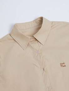 Damen Lässig vielseitiges einfaches Hemd mit besticktem Buchstaben - Khaki - Übersicht 4