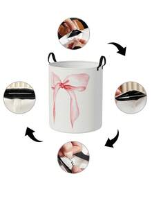 1 pieza Cesta redonda de almacenamiento plegable de gran capacidad con estampado de moño, organizador de guardería de uso múltiple, para pañales de bebé, ropa, suministros, caja de almacenamiento plegable para guardería