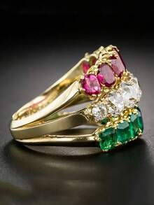 Anillo elegante y lujoso de tres capas con circonita cúbica sintética en rojo, blanco y verde, anillo elegante para mujer, regalo exquisito para fiestas de vacaciones