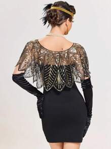 1 pièce Étole élégante vintage des années 1920 avec sequins et perles - 100% polyester respirant, pullover enveloppant avec élasticité, motif à rayures brodé, cape décorative pour soirée pour femmes