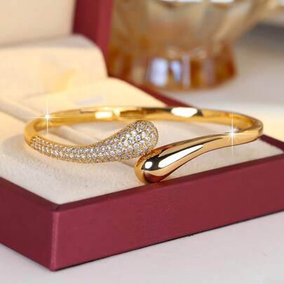 1pc Classic Copper Material Cubic Zirconia Inlaid Bangle Bracelet, Versatile Jewelry, Mother's Day Gift