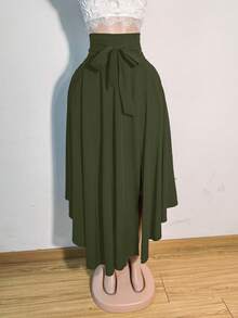Women's Solid Color Pocket Wrap Twist Elegant Skirt Spring - Army Green - View 4