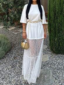 女士圆领撞色蕾丝连衣裙，性感休闲针织面料连衣裙，春夏优雅白色 - 白色 - 查看 6