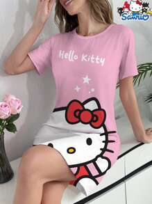Sanrio Sanrio Hello Kitty Cartoon Print Short Sleeve Nightgown, Casual & Comfortable Summer Sleepwear Dress