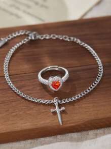 2pcs/Set Creative Heart And Sword Couple Ring Bracelet Collarbone Chain Sword Bracelet Rings Jewelry Set Fashion Accessories For Women Couple Gift Jewelry