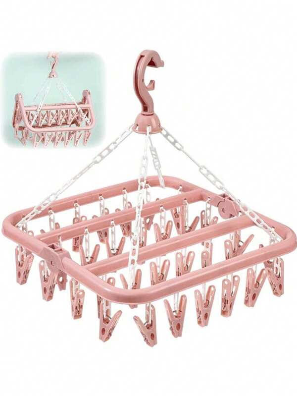 Sock Airer With 32 Clips, Indoor And Outdoor Clothes Hanging Airer, Folding Rotary Clothes Airer For Socks, Underwear And Small Clothes (Pink)