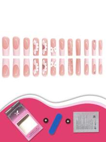 24pcs/Set Square-Shaped Press-On French False Nails With 3D Bowknot Design And White Border, Comes With Jelly Glue And Nail File. Suitable For All Women, Great For Daily Outfits And Makes Your Nails More Charming.