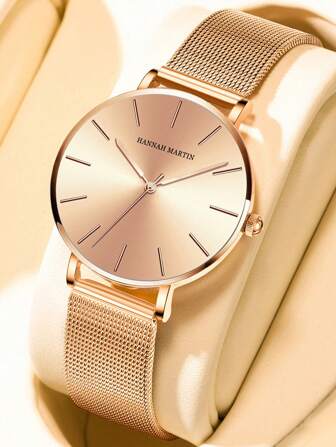 HANNAH MARTIN 1pc Elegant Women's Quartz Watch, 3ATM Waterproof, Rose Gold Stainless Steel Mesh Strap, Japanese Quartz Movement, 36mm Round Case, Timeless Fashion Ladies Watch, Comes With Beautiful Black Gift Box, Suitable As Gift For Girlfriend & Mother