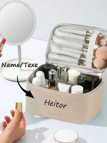 Customized Women's Portable Travel Makeup Bag With Compartments, Makeup Brushes Bag, Waterproof Pu Cosmetic Bag For Outdoor & Vacation, Khaki , Makeup Bag Makeup Pouch Skincare Bag Toiletry Bag School Supplies Travel Essentials Make Up Bag Holiday Essentials Makeup Bags Makeup Organizer Holiday Winter Gifts For Women Make Up Organizer Makeup Storage