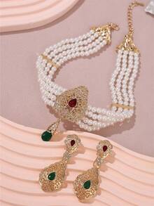 1 Set Handmade Palace Style Metal Hollow-Carved Rhinestone Inlaid Beaded Necklace With Matching Metal Earrings Jewelry Set, Suitable For Women Wedding, Party, Festival, Gift - Jewelry Sets - View 6