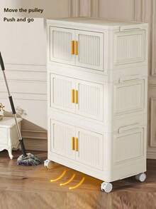 Double Door Foldable Storage Cabinet, Plastic Transparent Wardrobe For Kids Room, Multi-Tier Movable Organizer - Cream - View 11