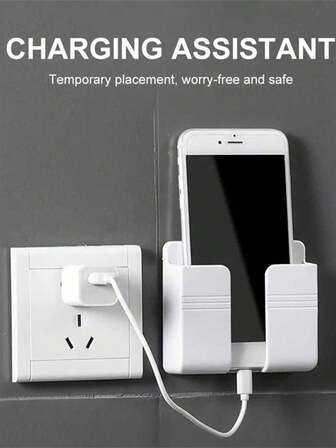 1pc Punch-Free Mobile Phone Holder Wall Mount, Creative Multi-Function Remote Control Storage Box, Wall-Mounted Mobile Phone Charging Stand, Bedside Charging Storage Stand,Household Products