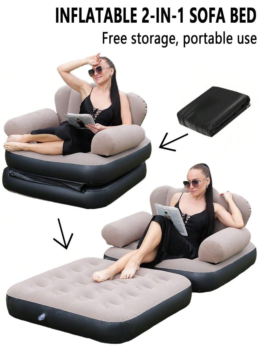 1 Pieza Sofá inflable para adultos de estilo perezoso para exteriores, sofá multifuncional 5 en 1, cama inflable, silla de salón plegable y conveniente (Caqui) - Multicolor - Ver 1