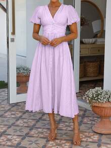 PoPoHouse 女士纯色优雅V领泡泡袖连衣裙，适合度假穿着，春夏皆宜 - 紫色 - 查看 3