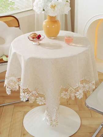 1pc European Style Simple Two-Tone Embroidery Square Tablecloth, Wedding Decoration Table Cover