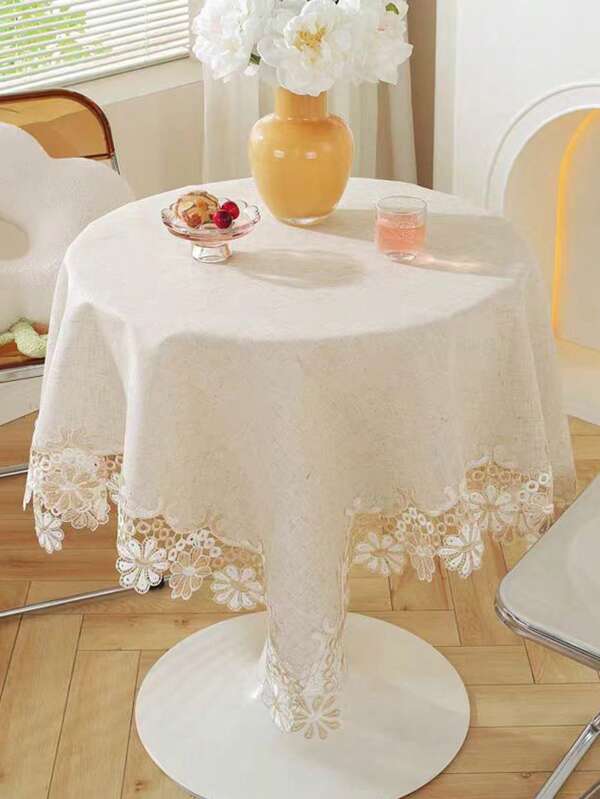 1pc European Style Simple Two-Tone Embroidery Square Tablecloth, Wedding Decoration Table Cover