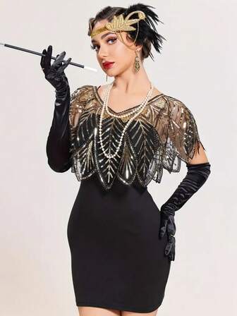 1件复古1920年代亮片串珠优雅披肩 - 100%涤纶透气套头披肩，弹性贴合，刺绣条纹图案，女士派对装饰披肩